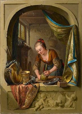unknow artist A young woman cleaning pans at a draped stone arch. oil painting picture